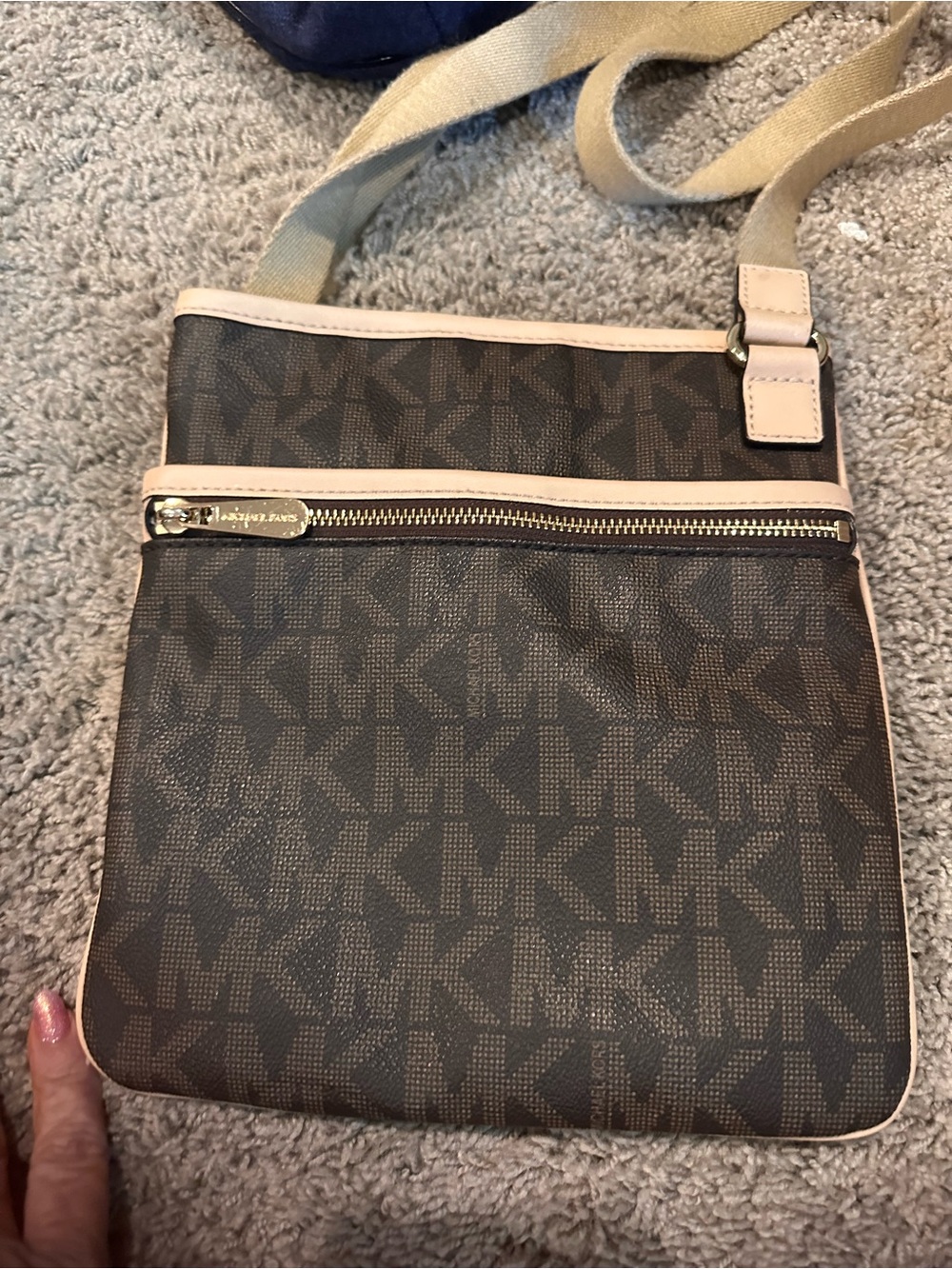Michael Kors Brown MK Logo Crossbody with Beige Trim and Adjustable Strap